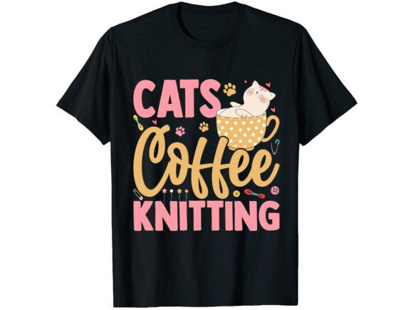 Cute Cats Coffee Knitting T-Shirt Design: A Creative Graphic Asset